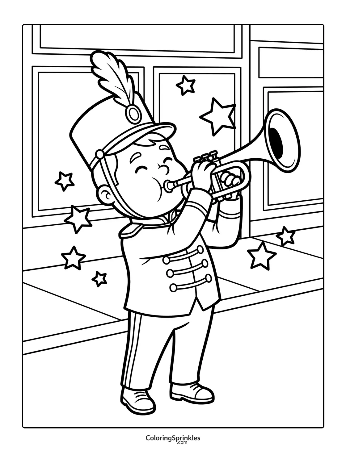 Coloring page of a boy in a marching band uniform playing a trumpet with stars around