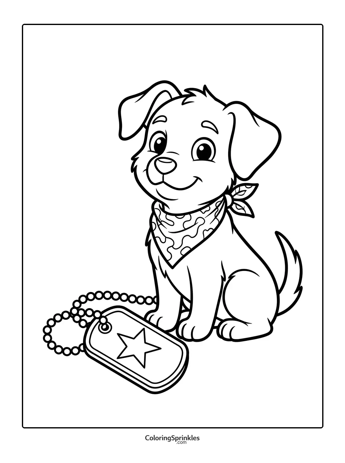 Coloring page of a cute puppy wearing a bandana with a dog tag