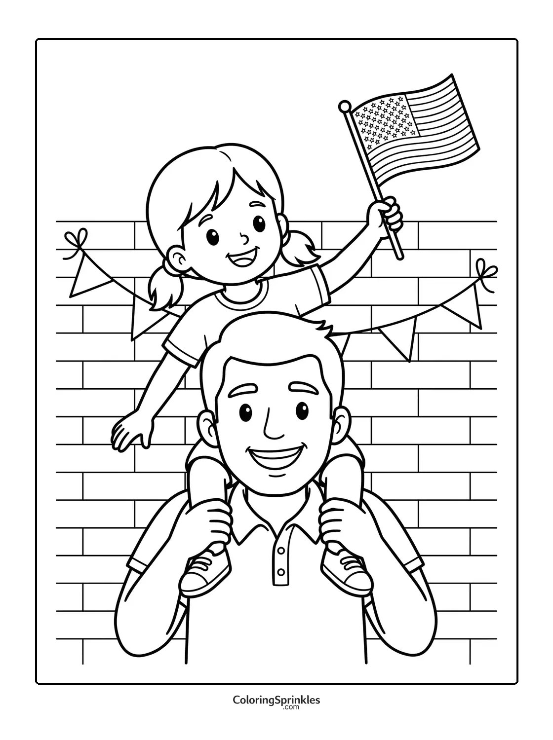 Coloring page of a father carrying his daughter on his shoulders holding an American flag