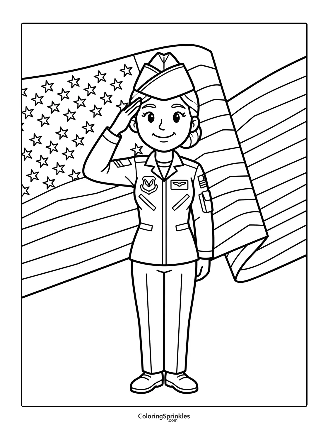 Coloring page of a female soldier saluting in front of an American flag