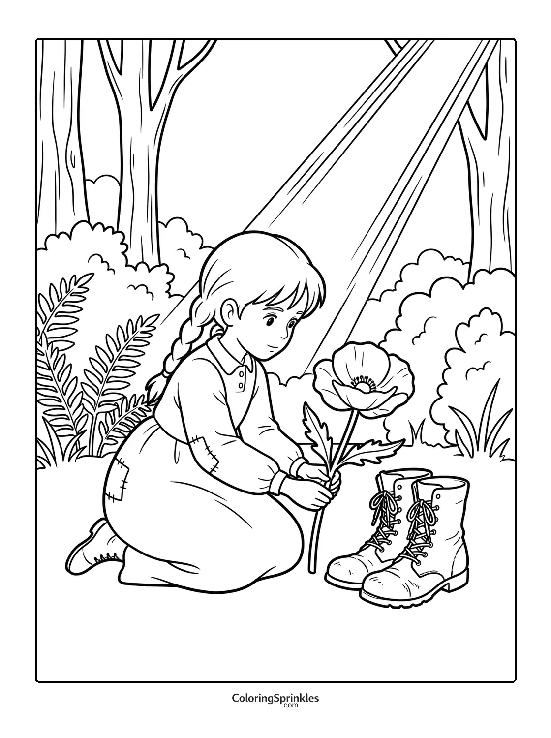 Coloring page of a girl kneeling with a flower near military boots in a forest