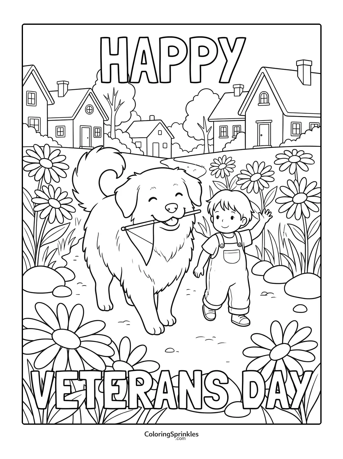 Coloring page of a happy Veterans Day scene with a boy and a dog among flowers and houses