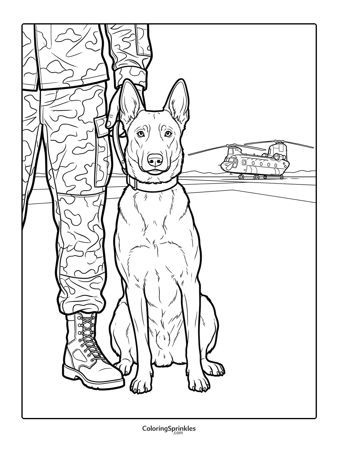 Coloring page of a military dog sitting next to a soldier with a helicopter in the background
