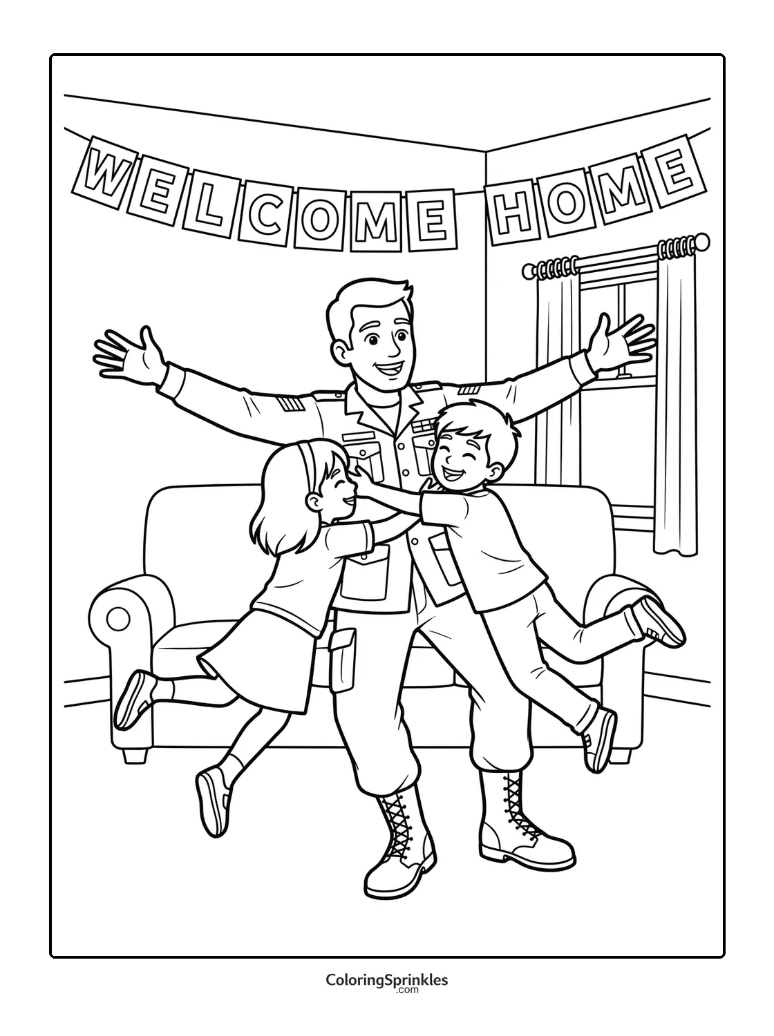 Coloring page of a soldier being welcomed home and hugged by kids