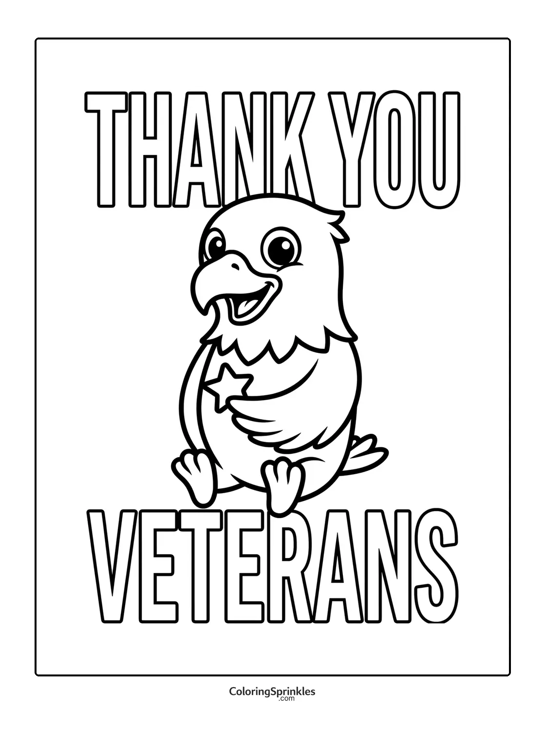 Coloring page of a happy eagle holding a star with thank you veterans text