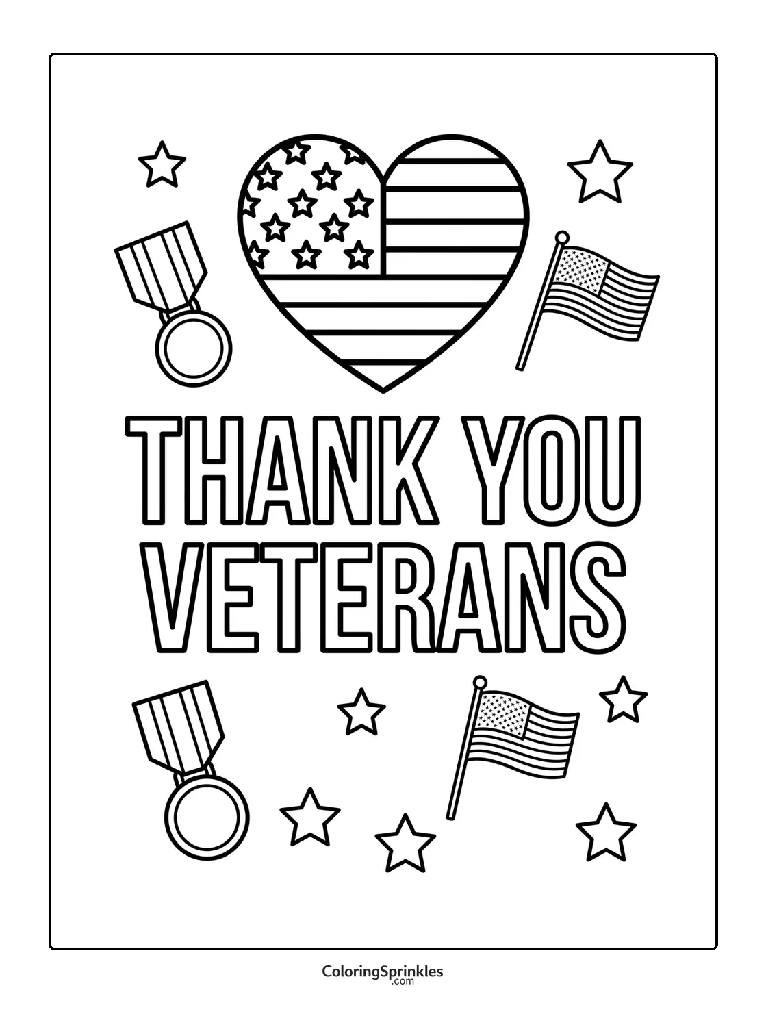 Coloring page of thank you veterans with heart flags medals and stars