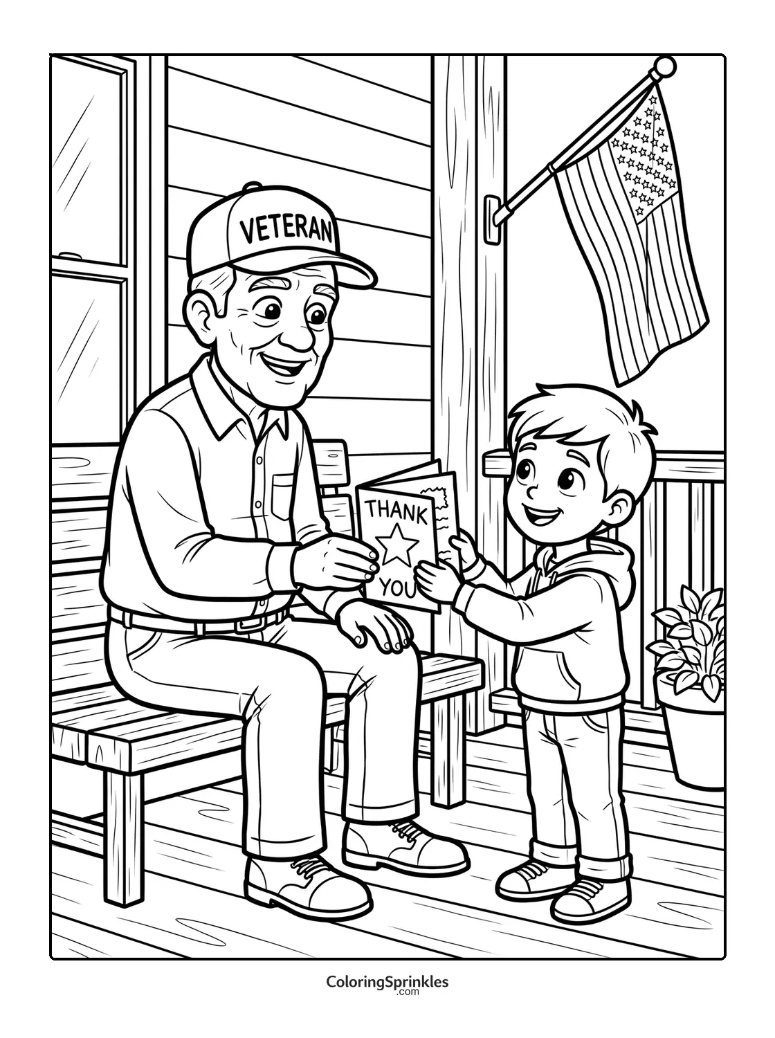 Coloring page of a veteran grandfather receiving a thank you card from a boy on a porch