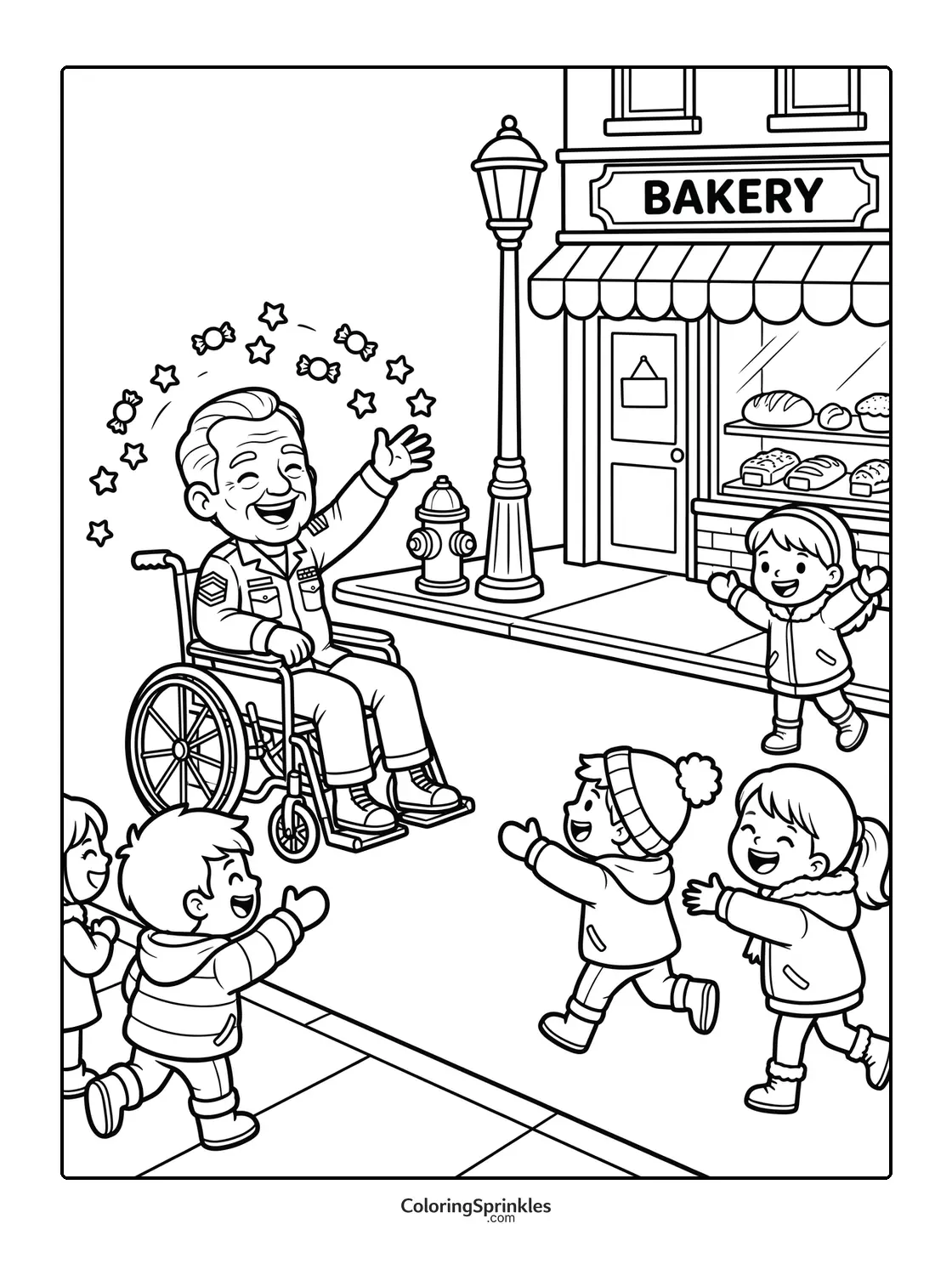 Coloring page of a veteran in a wheelchair greeting children on a street near a bakery
