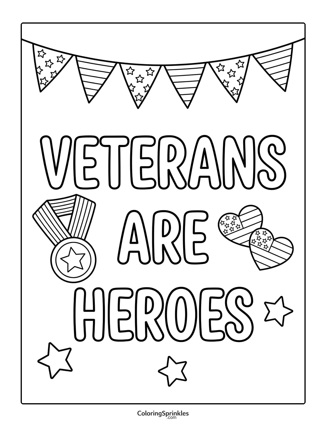 Coloring page of the phrase veterans are heroes with medal, hearts, and stars