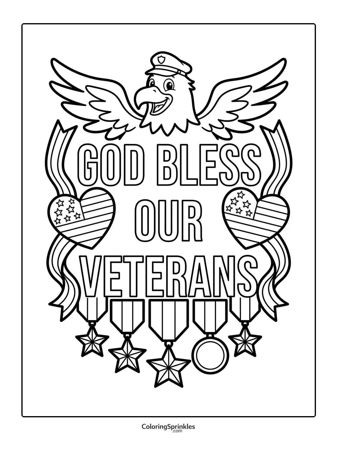Coloring page of an eagle with medals and patriotic hearts for Veterans Day