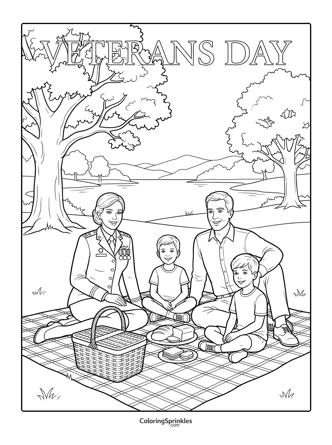 Coloring page of a family picnic in the park for Veterans Day