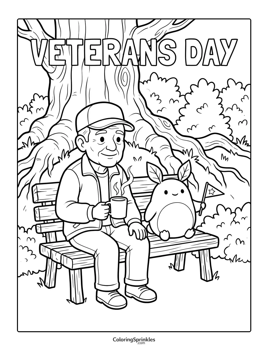 Coloring page of a man sitting on a bench with a plush toy holding a flag under a large tree for Veterans Day