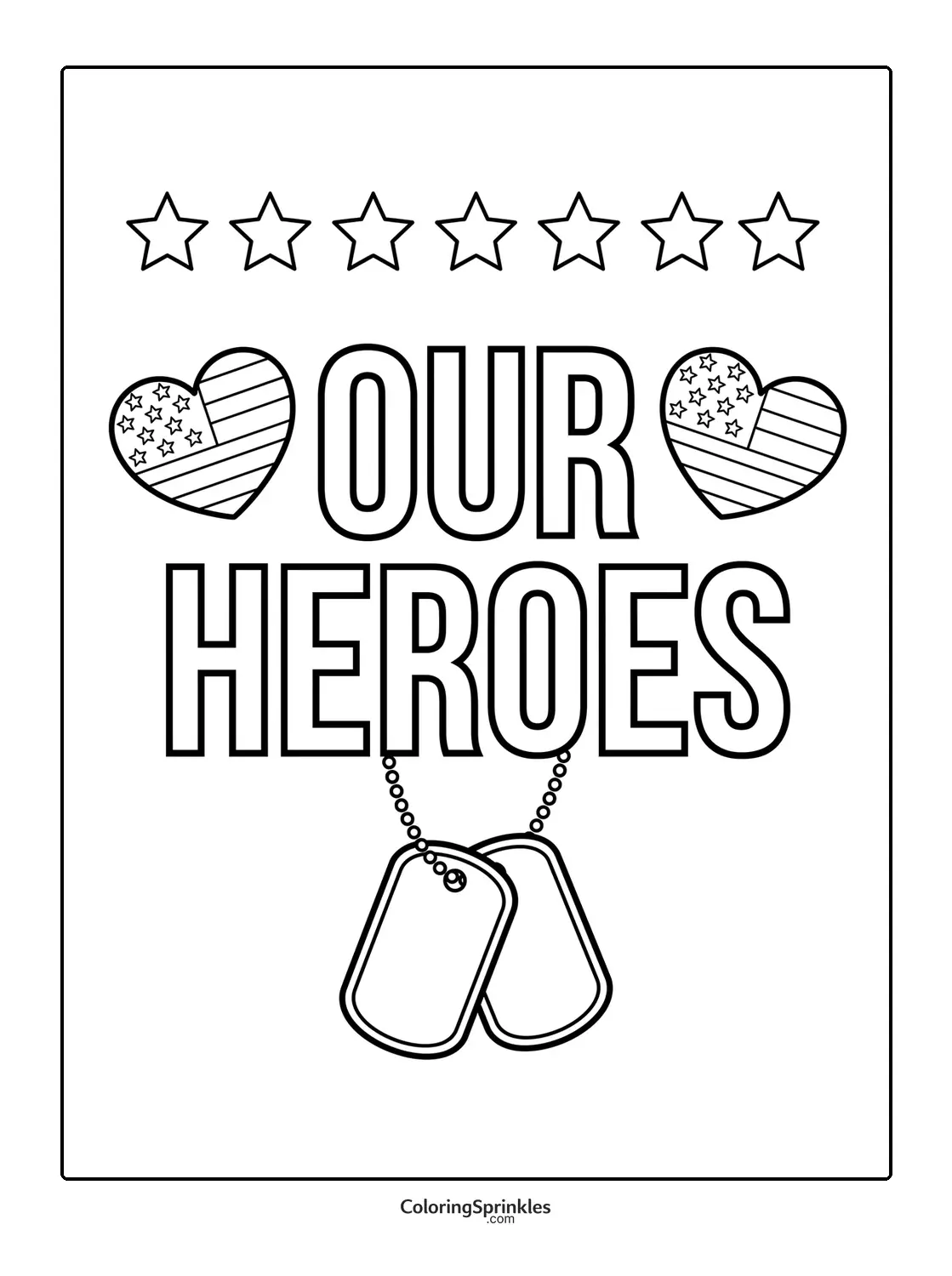 Coloring page of veterans day text with dog tags and patriotic hearts