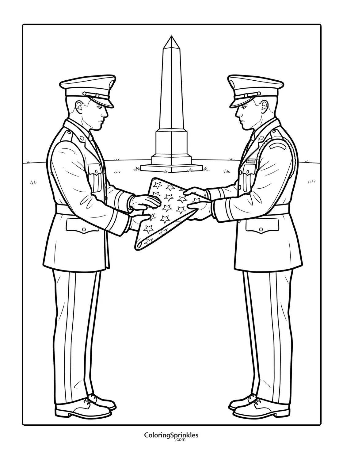 Coloring page of two soldiers folding an American flag near a monument