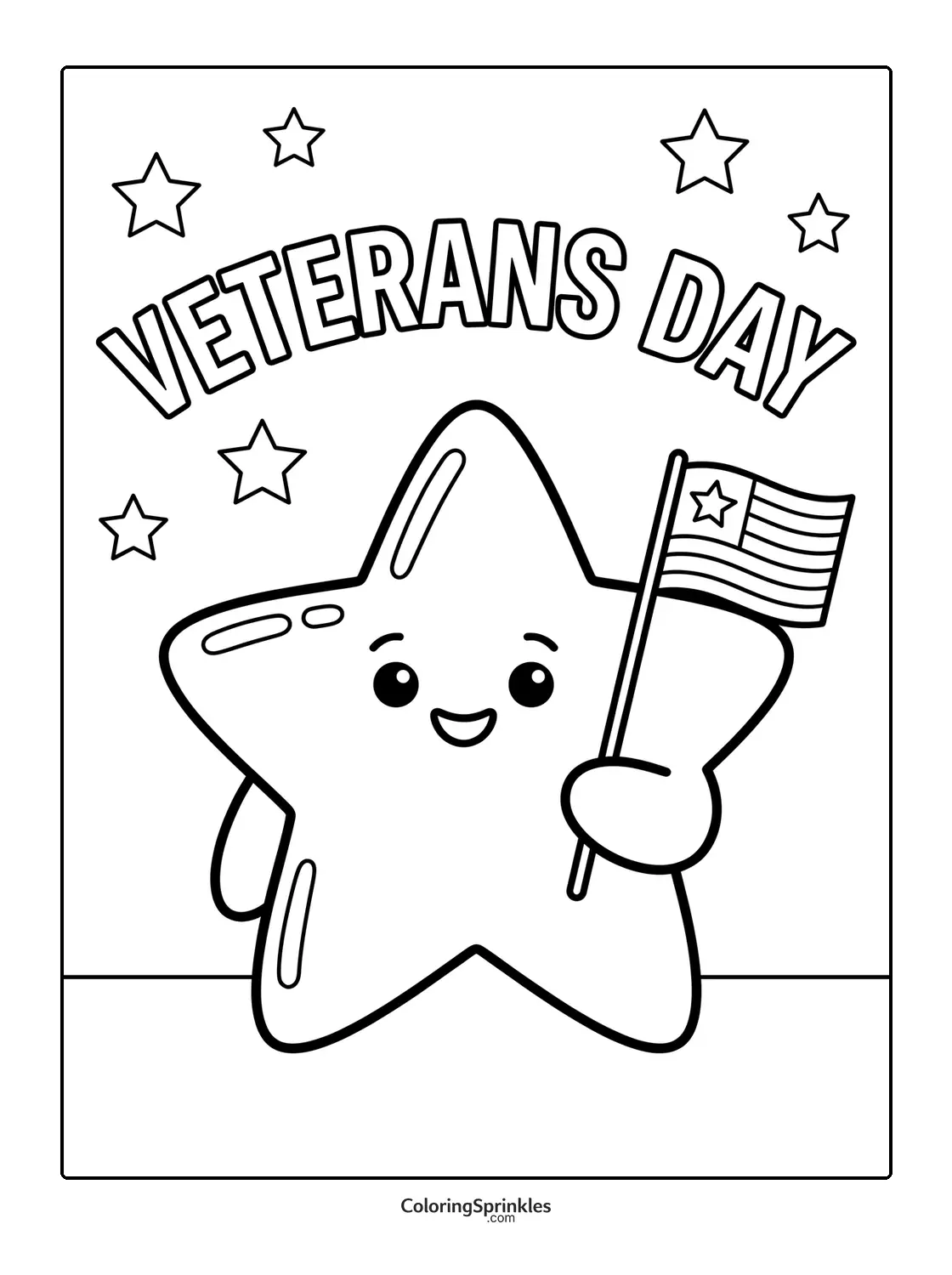 Coloring page of a smiling star holding a flag for Veterans Day