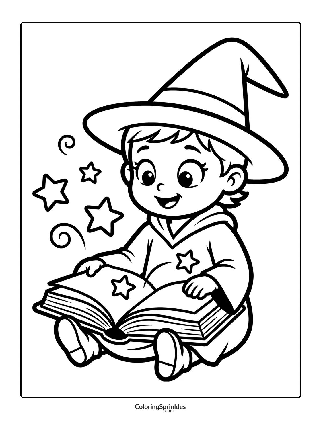 Coloring page of a child wizard reading a magic book
