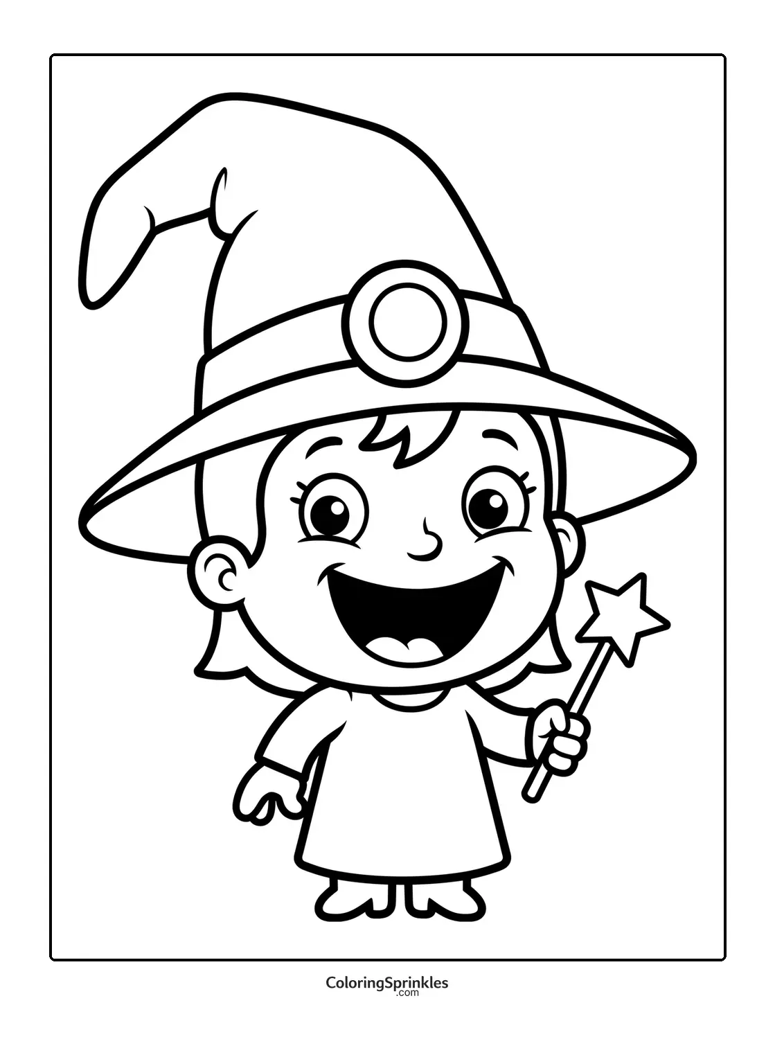 Coloring page of a cute little witch holding a star wand