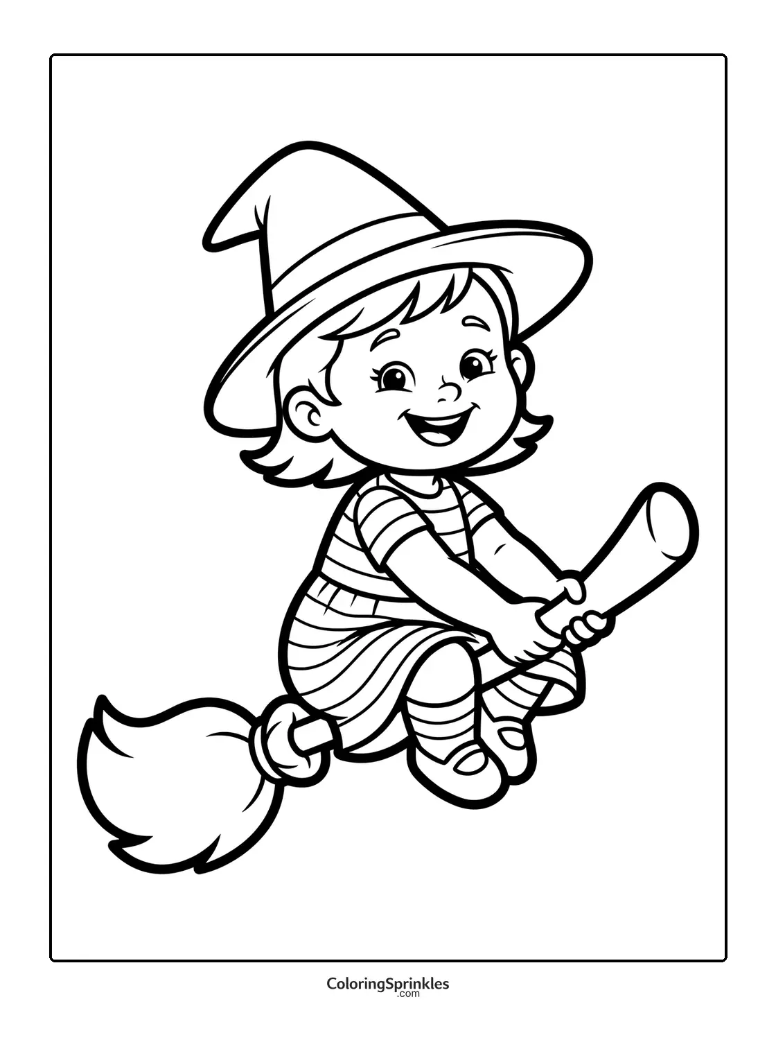 Coloring page of a cute witch girl flying on a broomstick