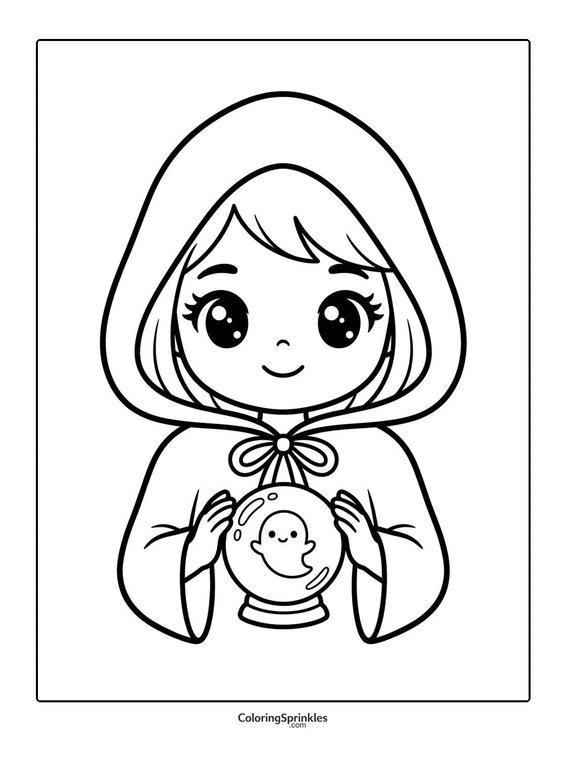 Coloring page of a girl in a hooded cloak holding a crystal ball with a ghost inside