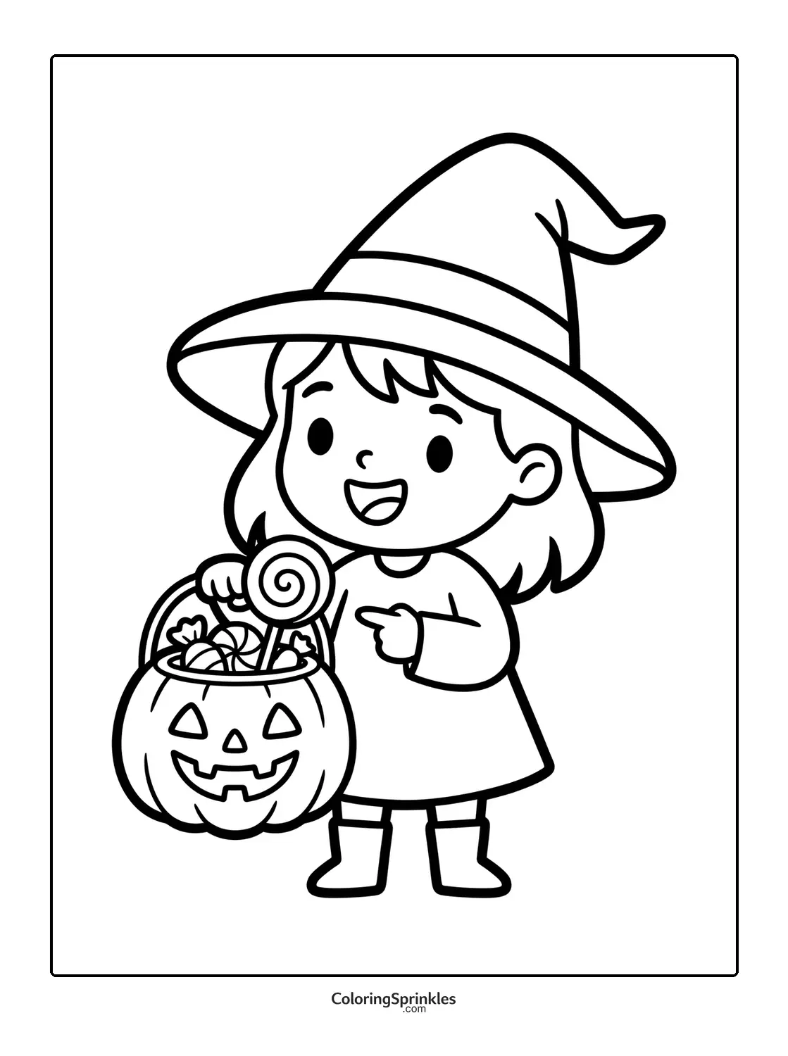 Coloring page of a Halloween girl in a witch costume holding a candy basket