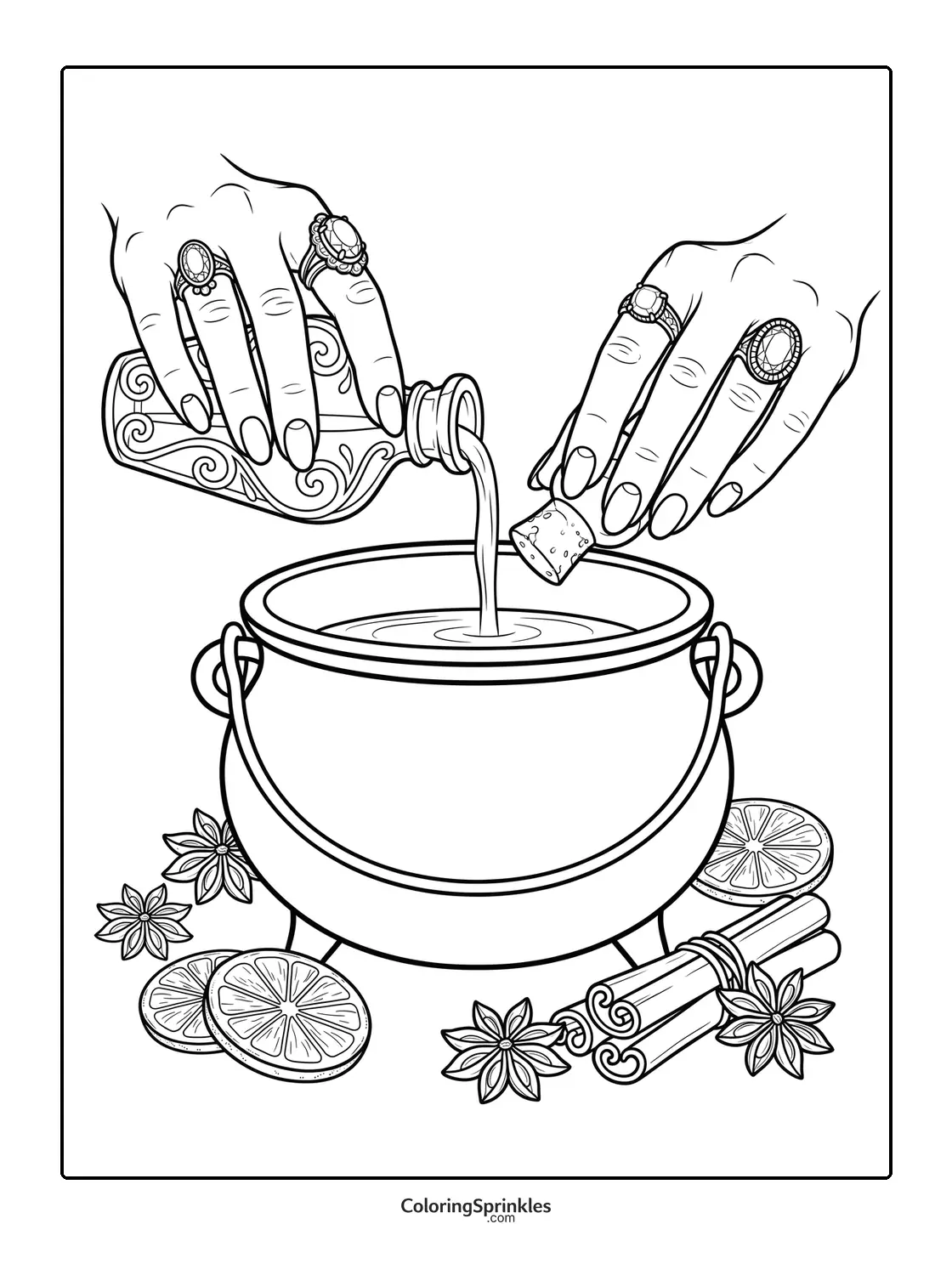Coloring page of hands pouring liquid into a cauldron with spices