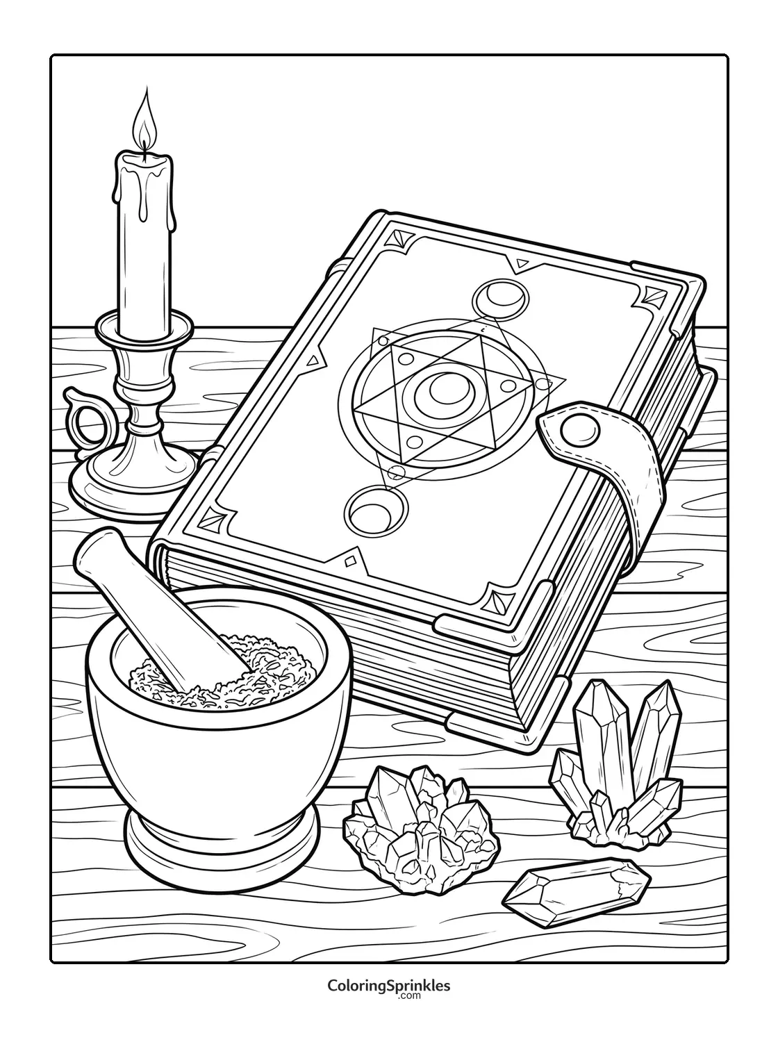Coloring page of a magic book with a candle, mortar and crystals