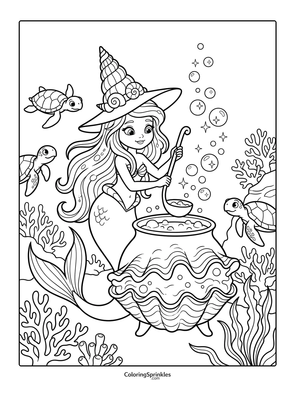 Coloring page of a mermaid witch stirring a cauldron underwater with turtles