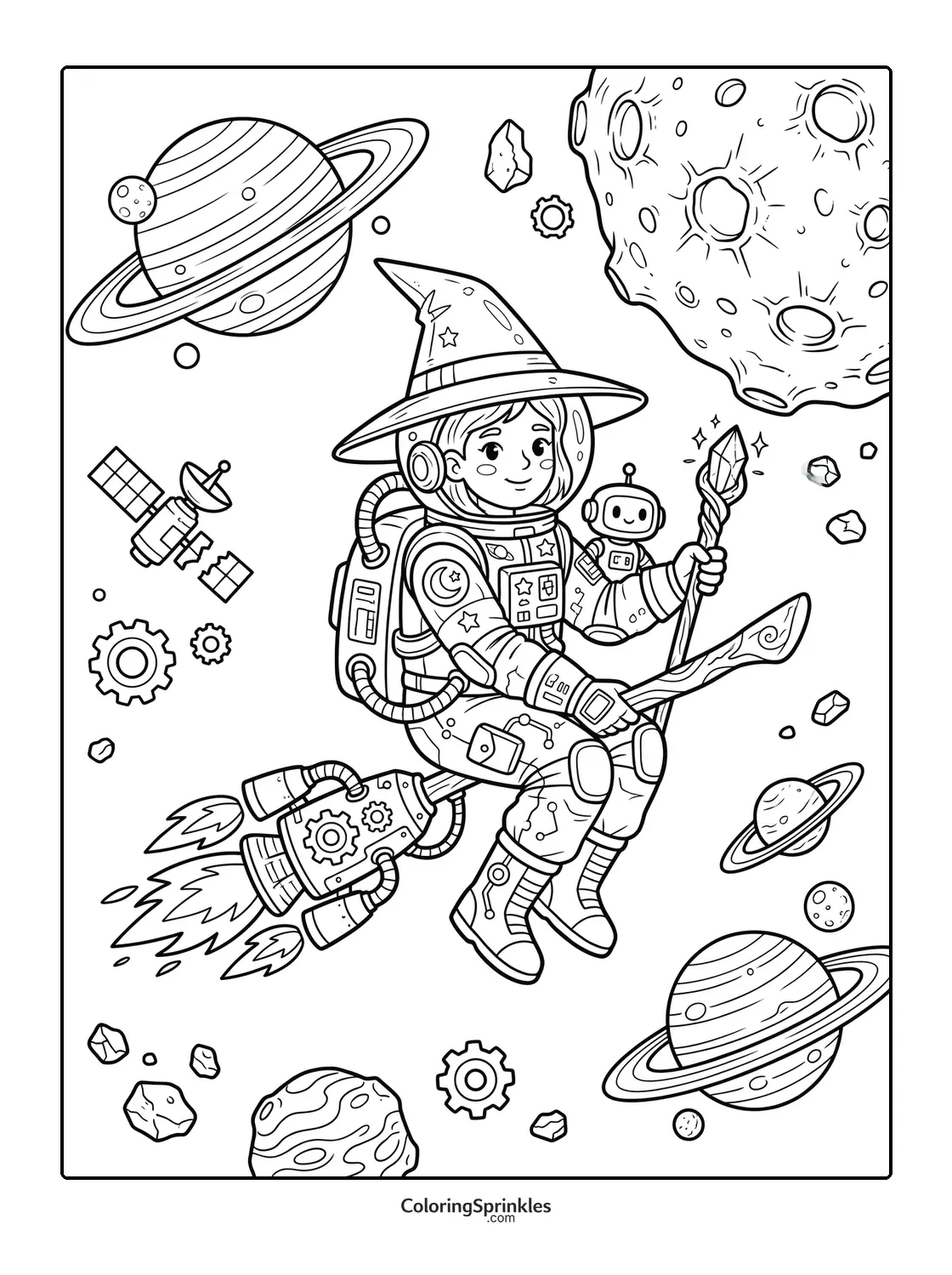 Coloring page of a space witch astronaut flying on a rocket broomstick