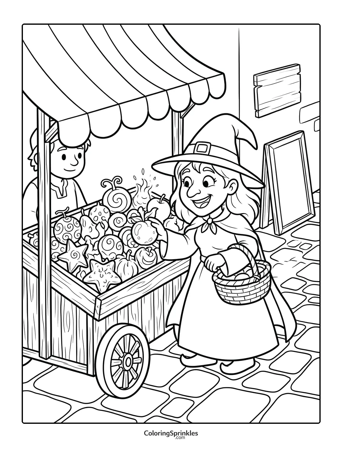 Coloring page of a witch buying candy at a market street stall