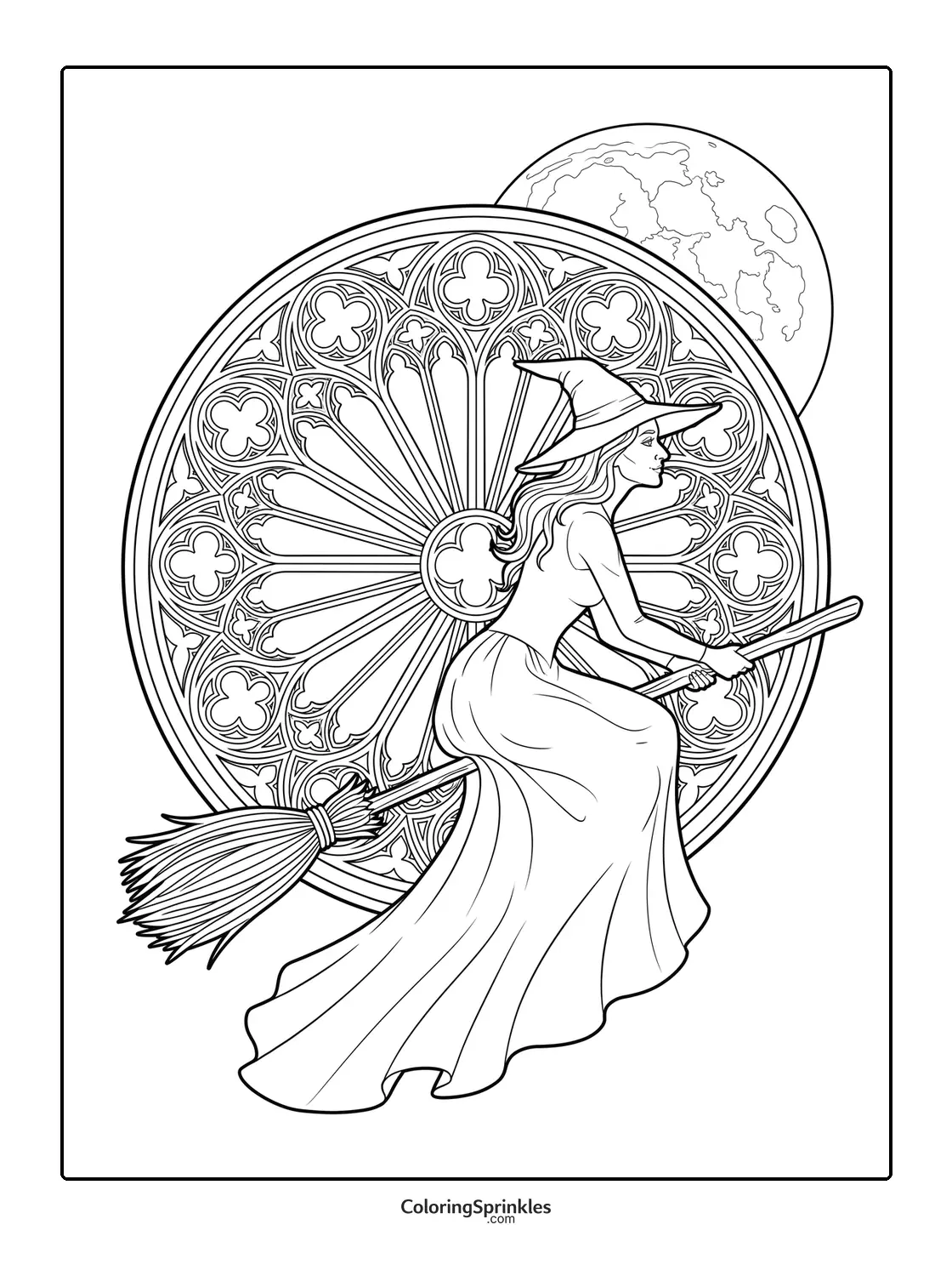 Coloring page of a witch flying on a broomstick with a large ornate window and full moon