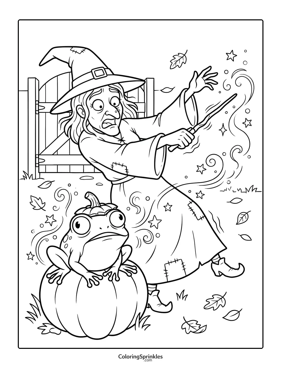 Coloring page of a witch casting a spell with a magic wand near a frog on a pumpkin