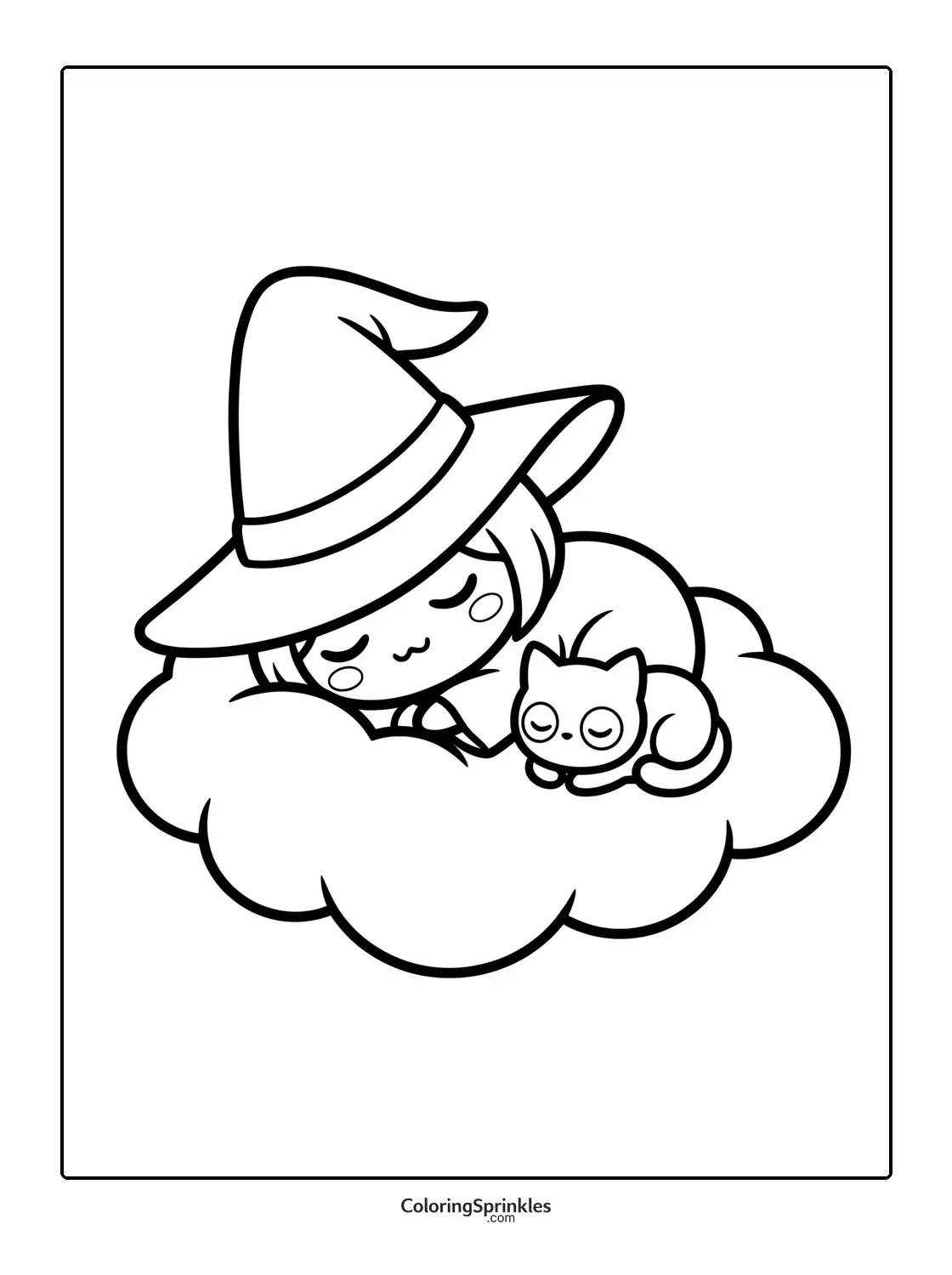 Coloring page of a witch girl and a cat sleeping on a cloud