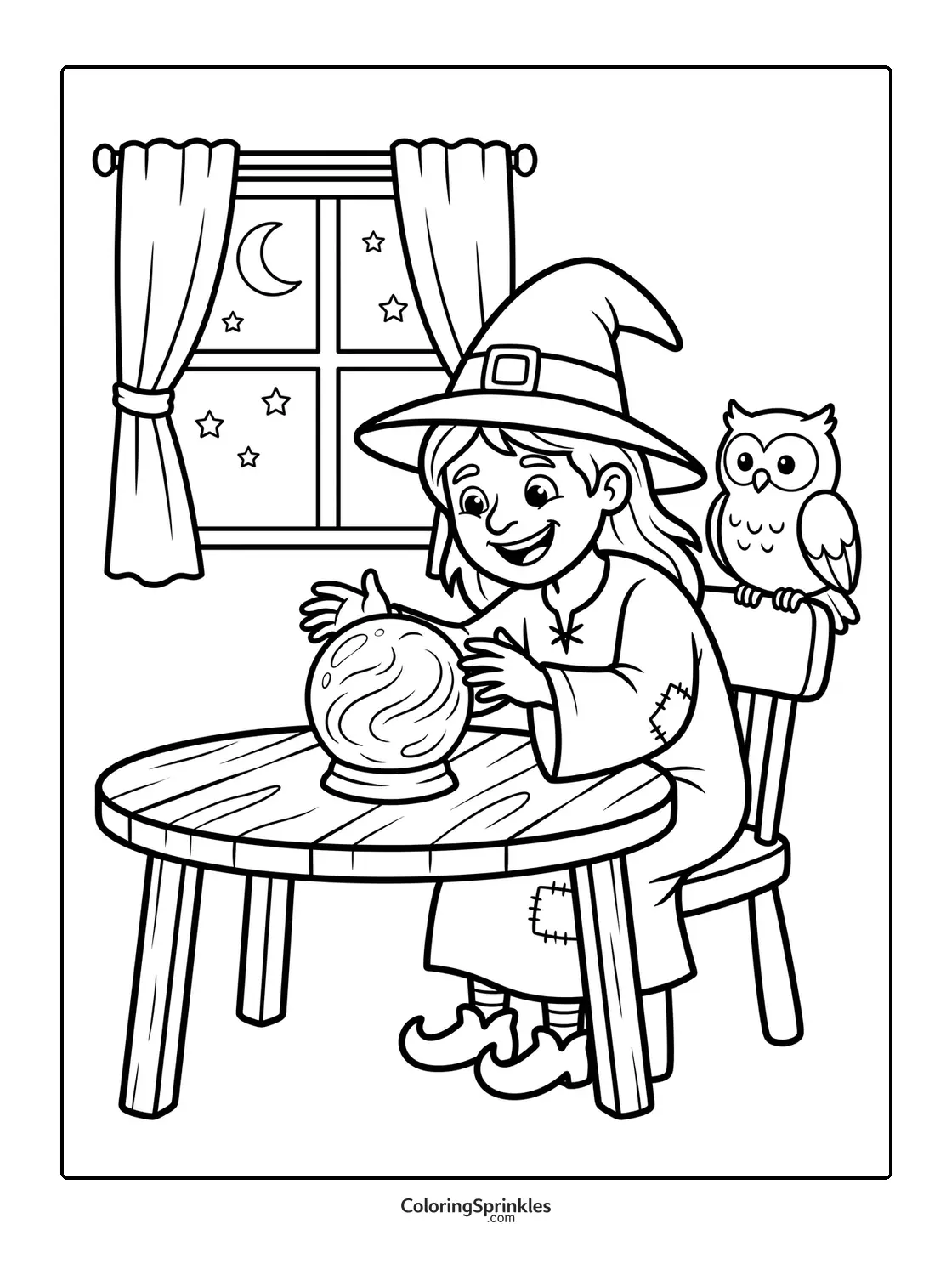 Coloring page of a witch girl with a crystal ball and an owl at night