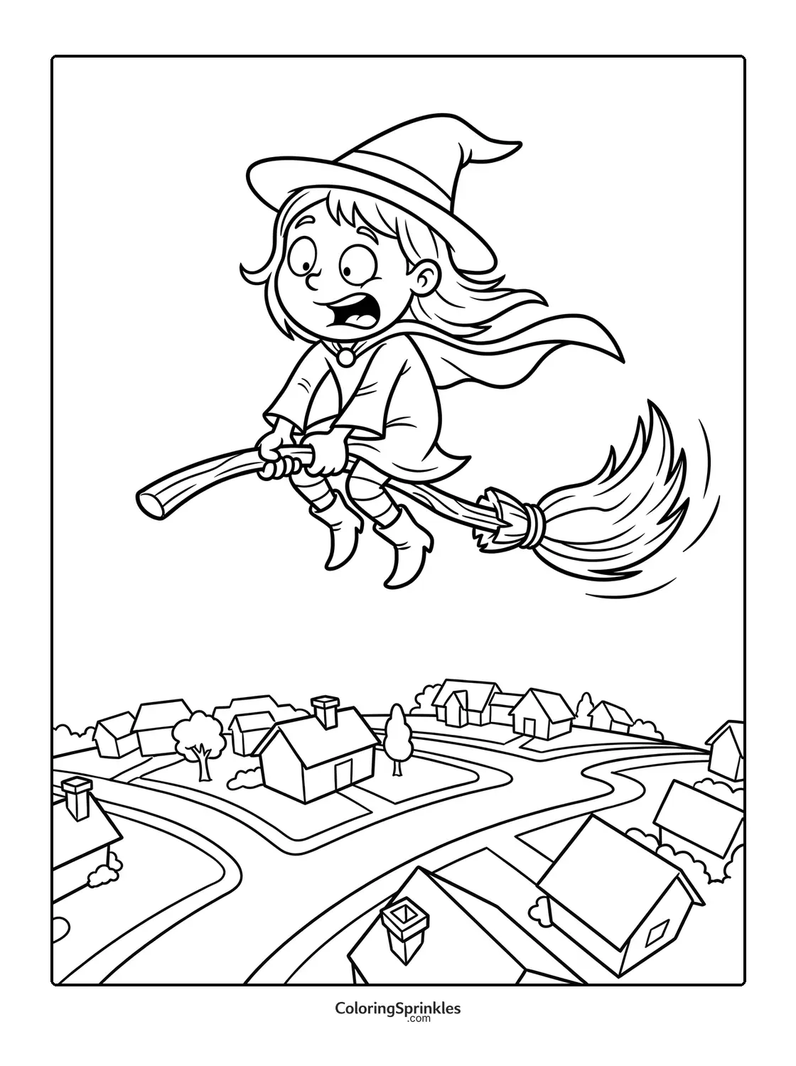 Coloring page of a witch girl flying on a broomstick over a village