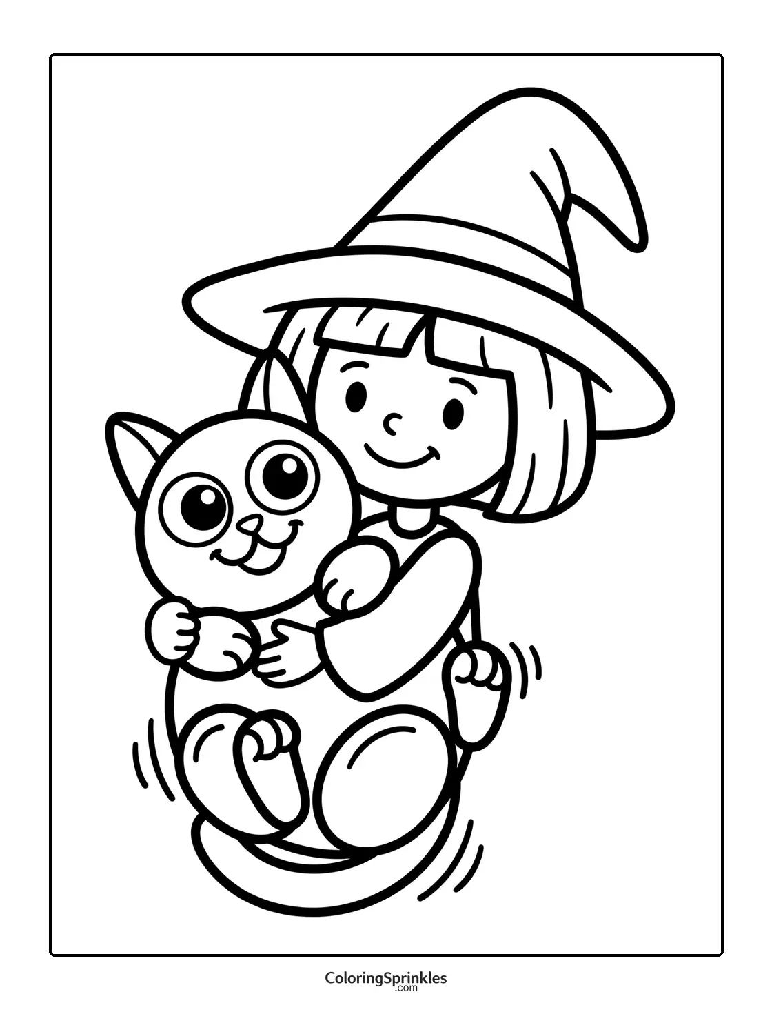 Coloring page of a witch girl holding a happy cat