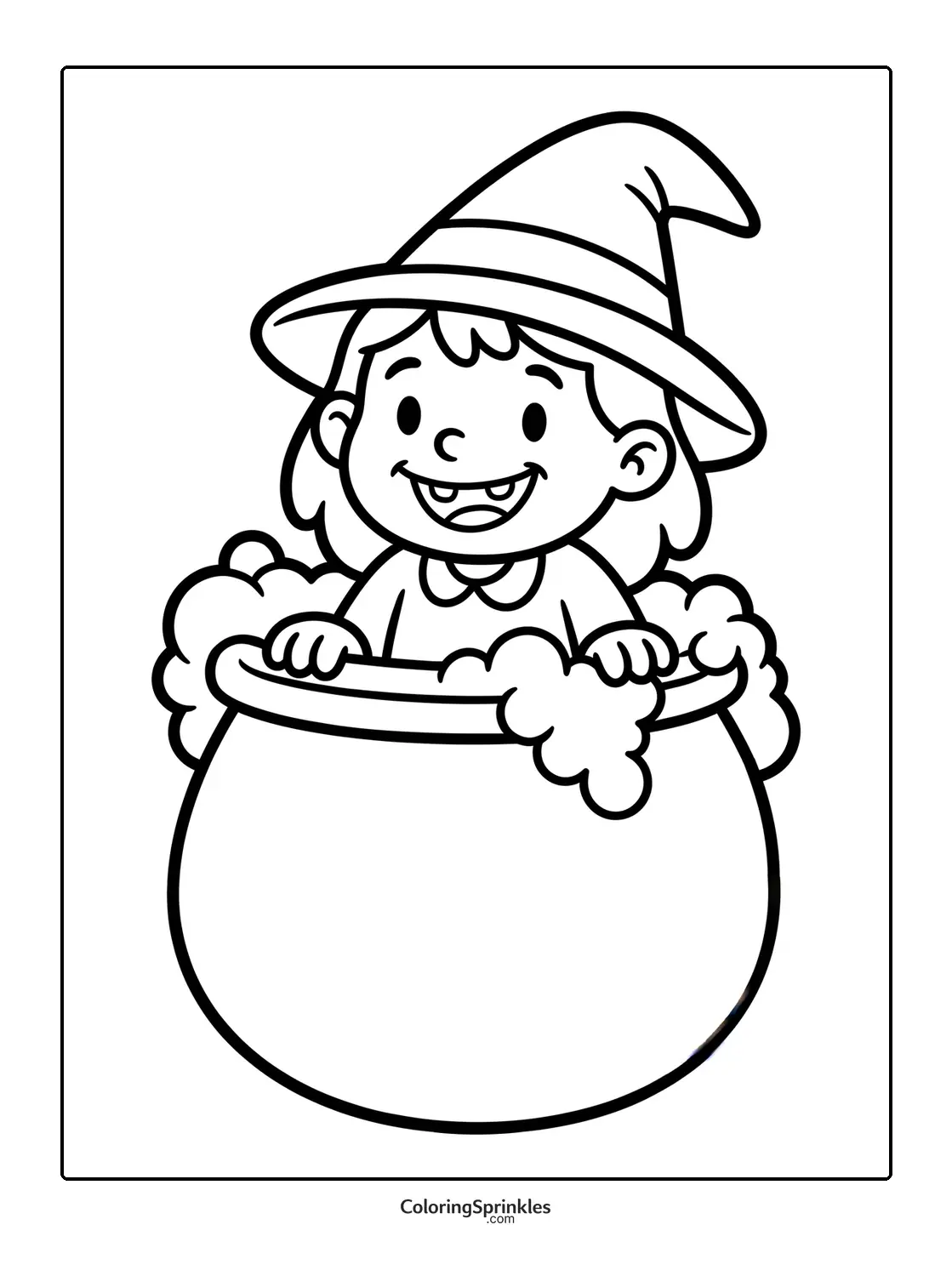 Coloring page of a witch girl smiling inside a bubbling cauldron