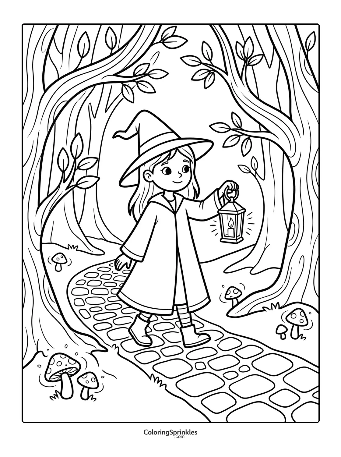 Coloring page of a witch girl walking with a lantern on a forest path