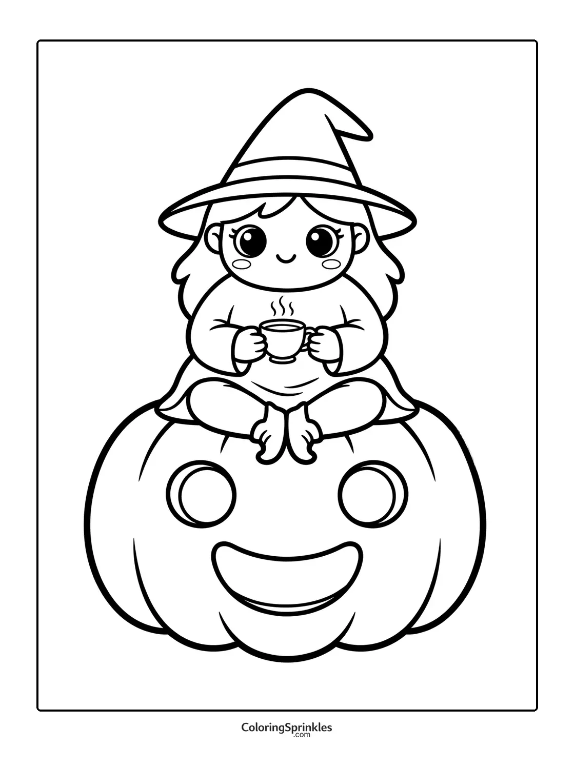 Coloring page of a witch girl sitting on a smiling pumpkin drinking from a cup