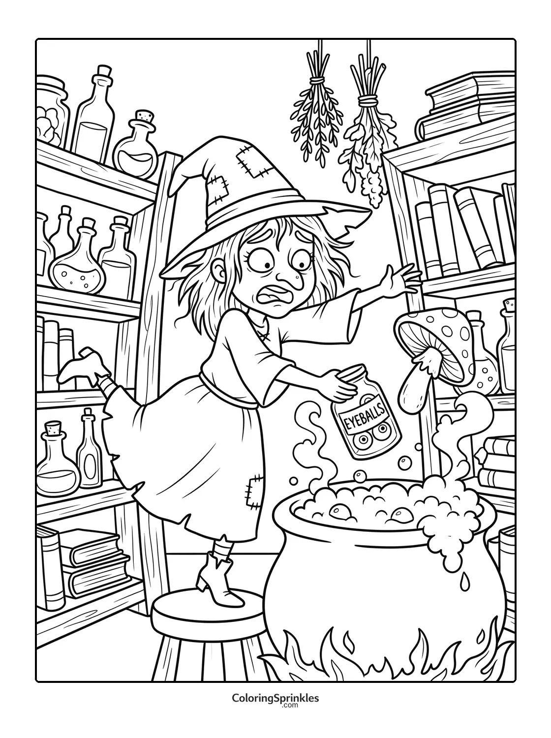Coloring page of a witch making a potion with eyeballs in a cauldron
