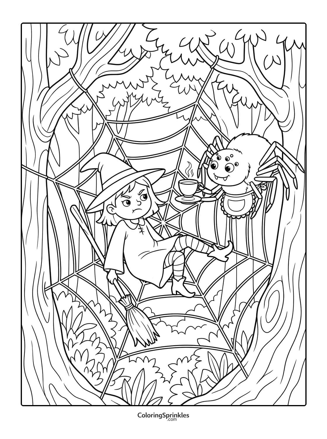 Coloring page of a witch sitting on a spider web with a spider offering tea in a forest