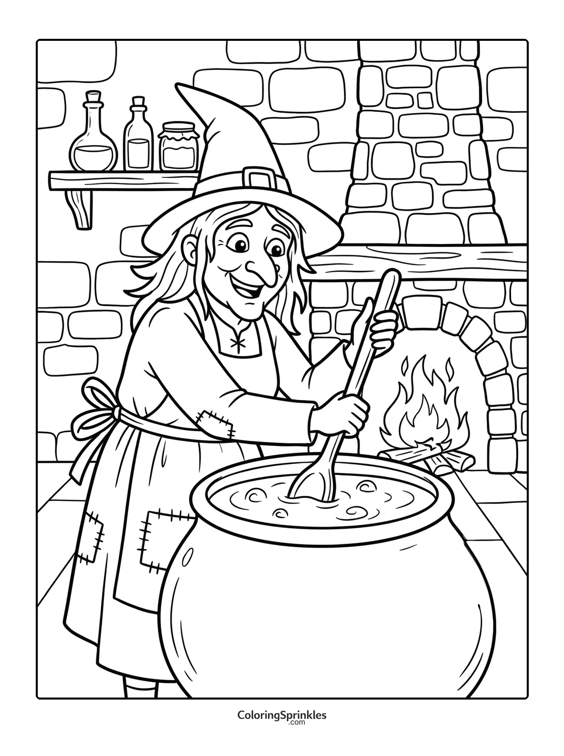 Coloring page of a witch stirring a cauldron by a fireplace