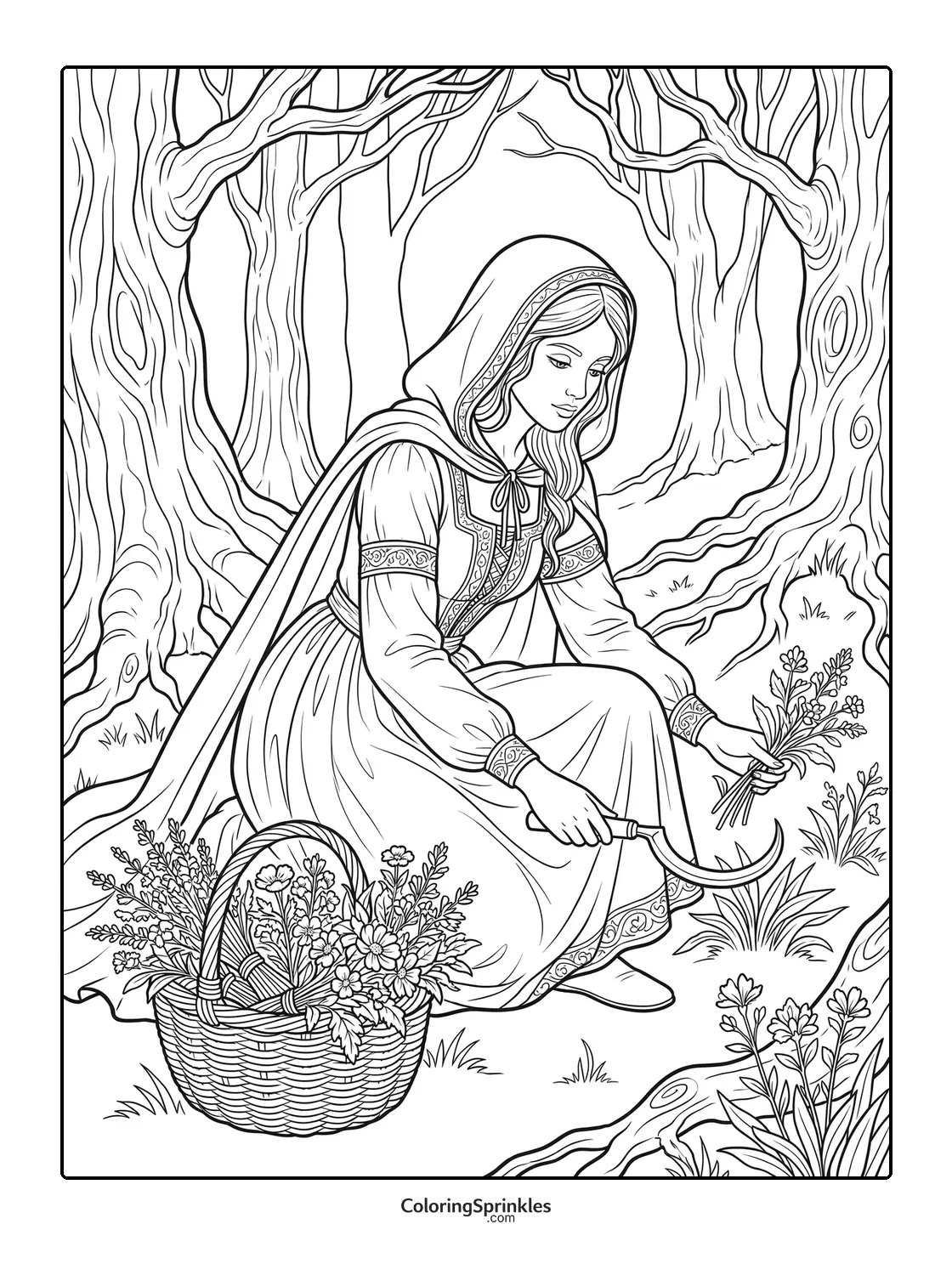 Coloring page of a woman gathering flowers in a forest