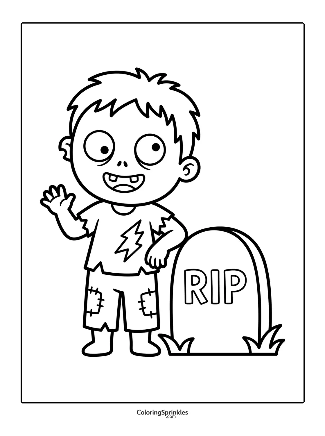 Coloring page of a cute zombie boy waving next to a gravestone with RIP