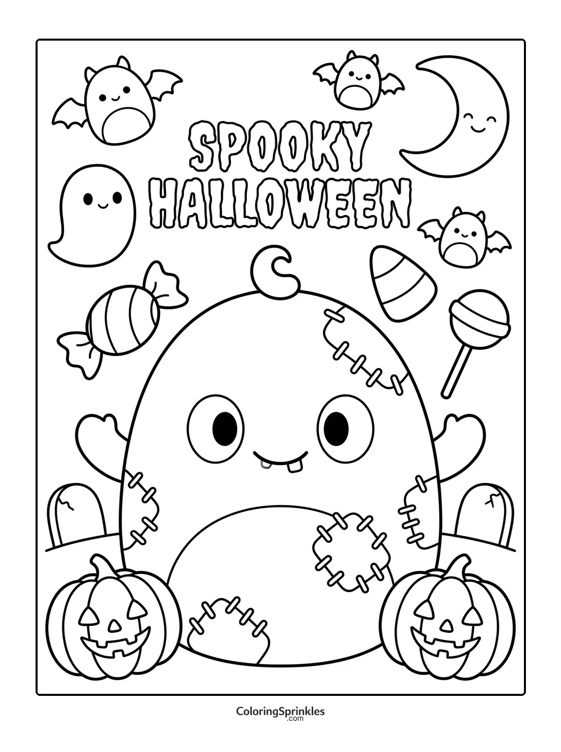 Coloring page of a cute zombie with pumpkins, bats, candy and a crescent moon