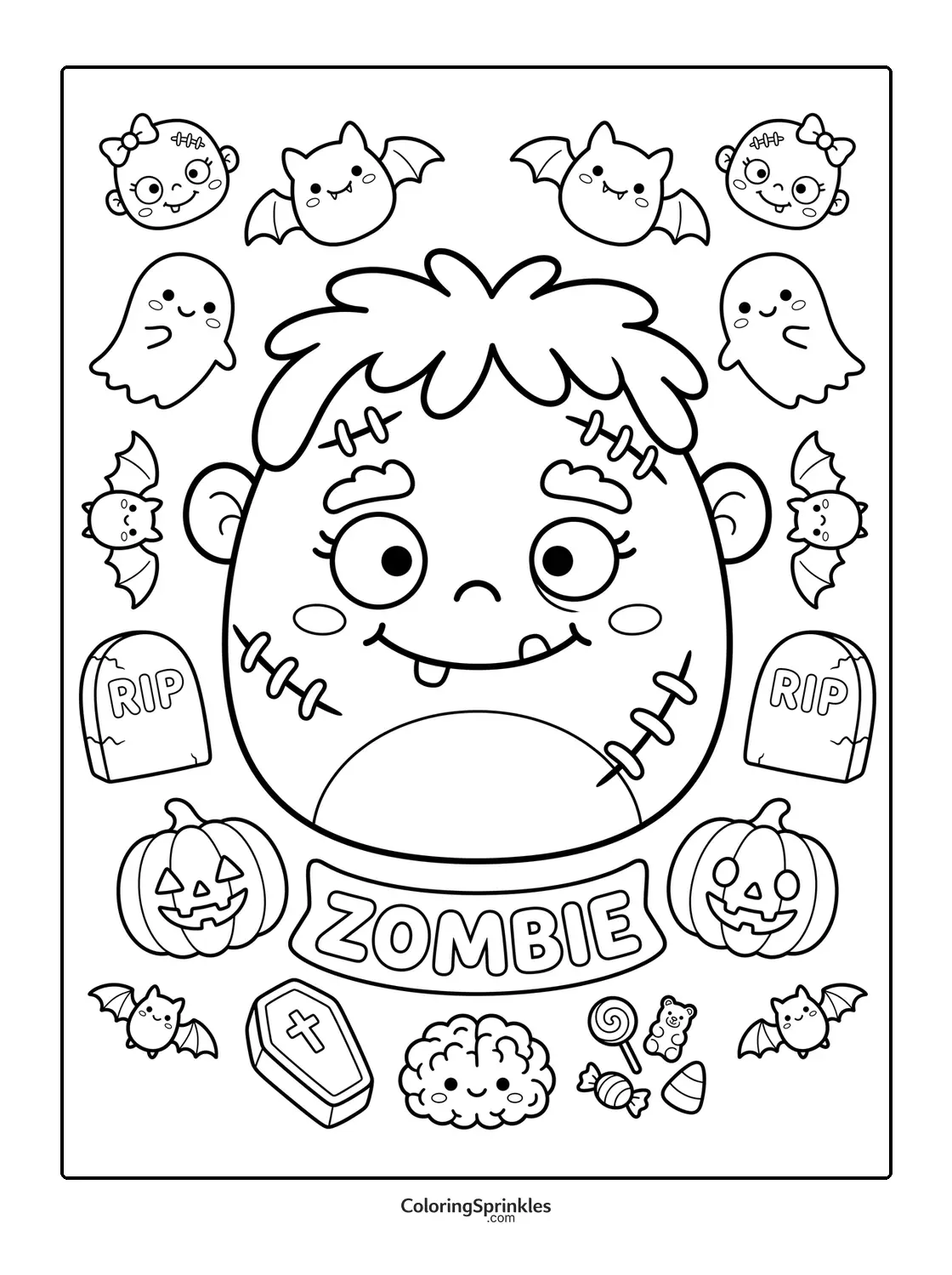 Coloring page of a cute zombie head surrounded by Halloween pumpkins, bats, ghosts, and candy