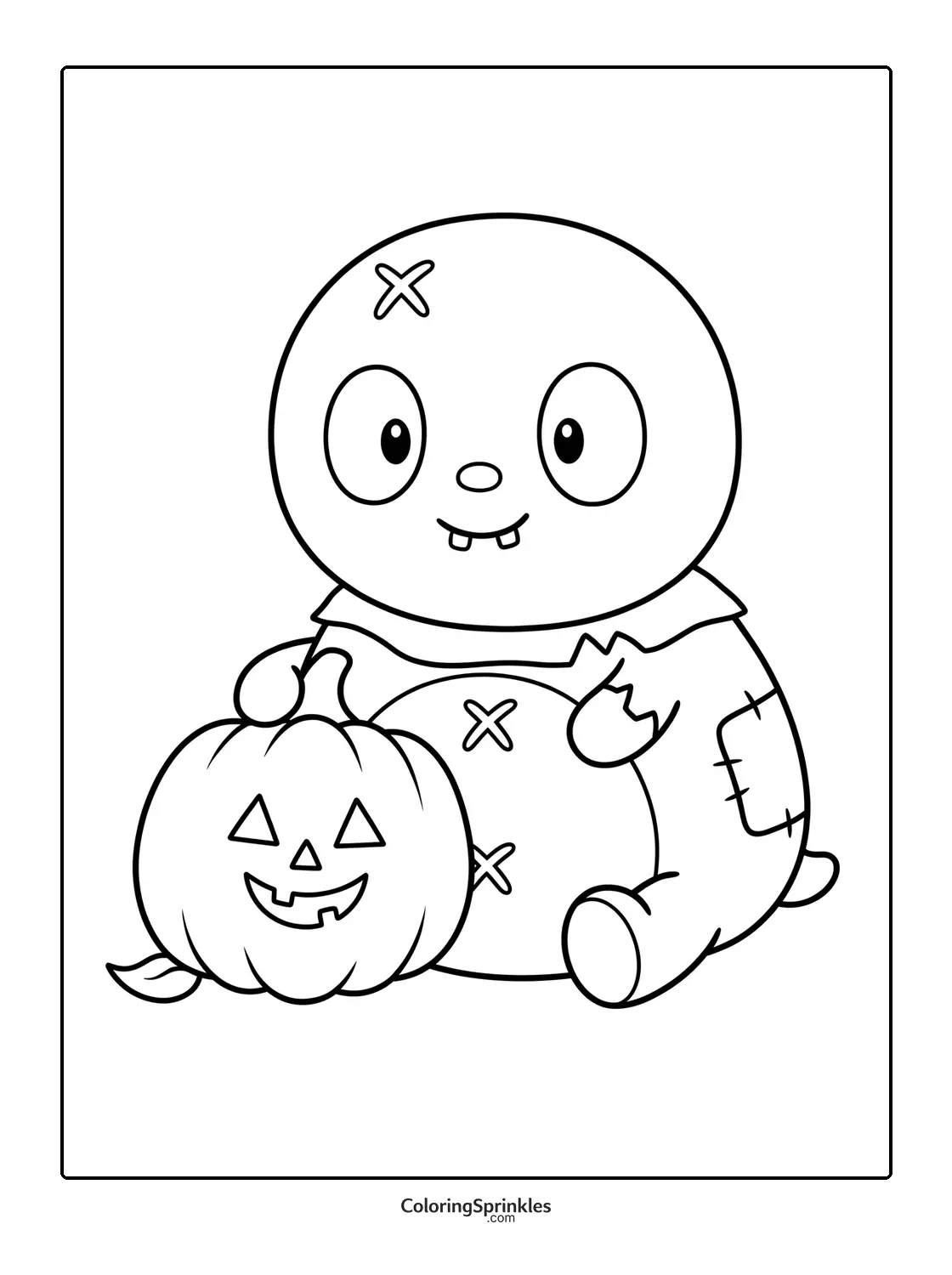 Coloring page of a cute zombie holding a jack-o-lantern pumpkin