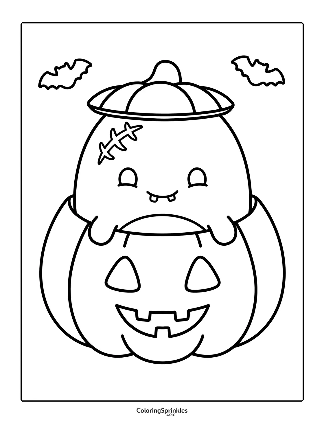 Coloring page of a cute zombie popping out of a jack-o-lantern pumpkin with bats