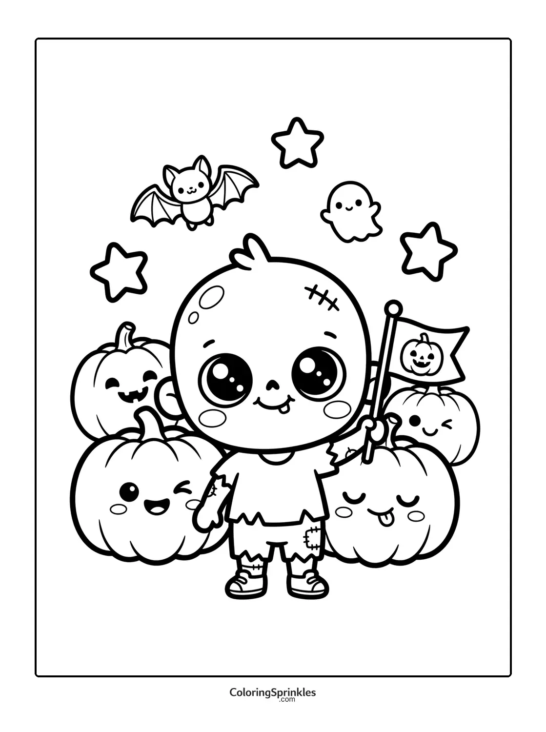 Coloring page of a cute zombie with pumpkins, a bat, a ghost, and stars