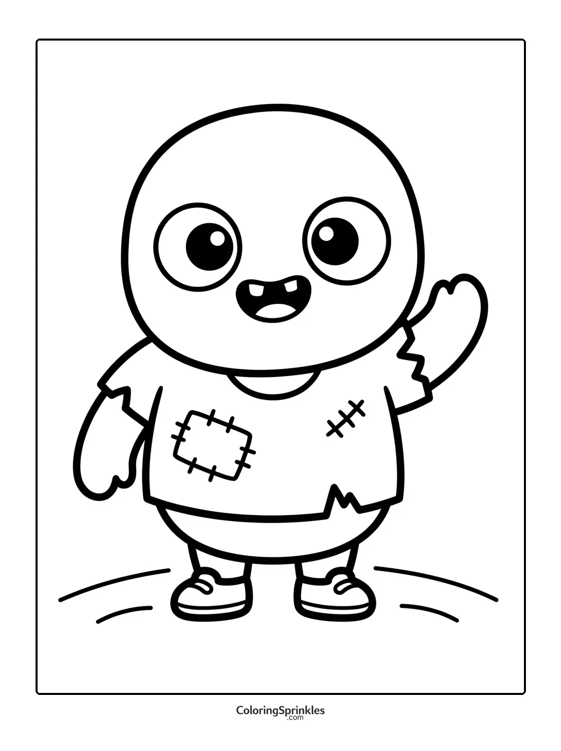 Coloring page of a cute zombie waving with a patched shirt