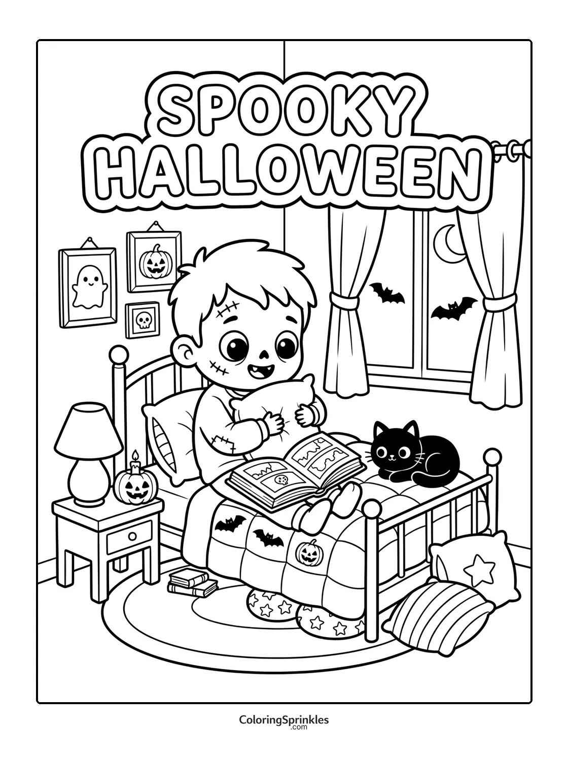 Coloring page of a Halloween zombie boy reading a book in bed with a cat